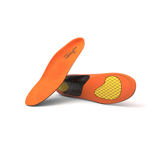 A pair of orange shoe insoles, one upright showing the logo, the other showing a yellow cushioned pad at the heel area.