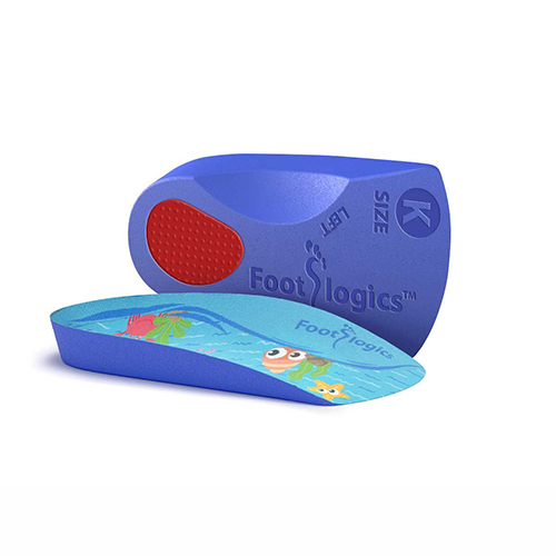 A blue Footlogics orthopedic insole for kids, shown from the side and bottom, featuring colorful cartoon designs and red cushioning on the heel.