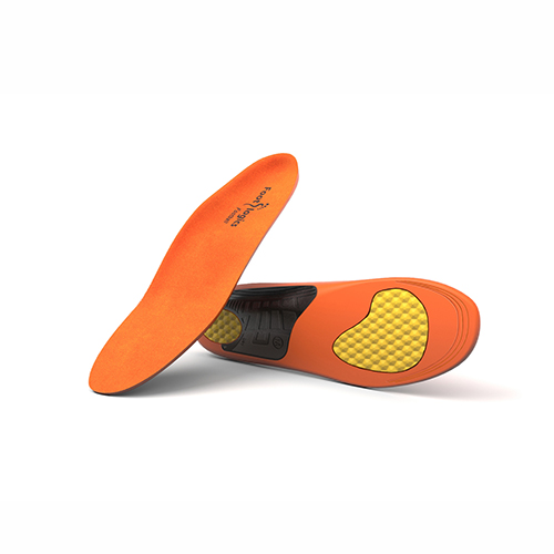 A pair of orange shoe insoles, one showing the top with printed text and the other showing the bottom with yellow cushioned areas at the heel and forefoot.