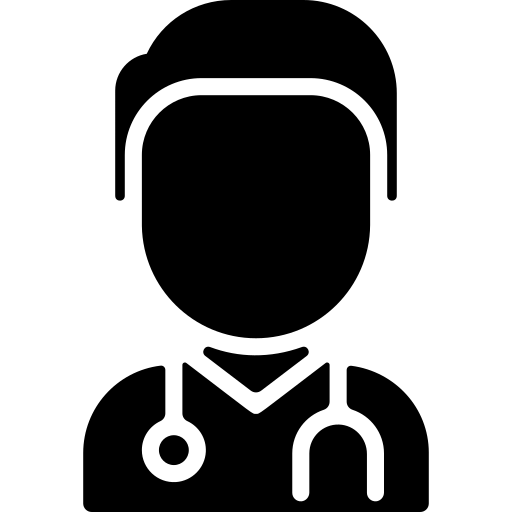 Black and white icon of a person wearing a stethoscope around their neck, symbolizing a healthcare professional or doctor.