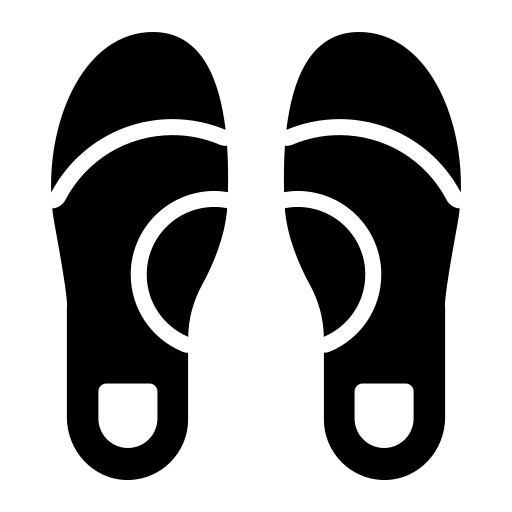 Black and white icon of a pair of sandals viewed from above, showing their soles and open-toe design.