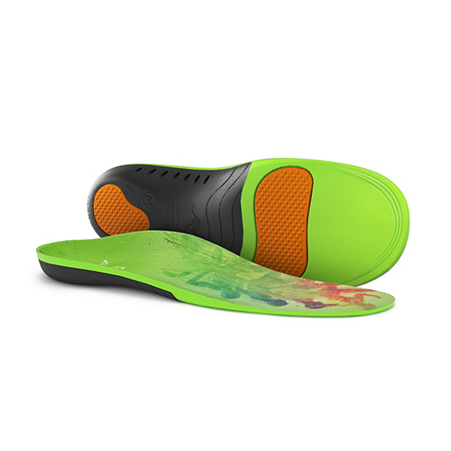 A pair of green orthotic insoles with black and orange accents, one displayed flat and the other showing the textured underside.