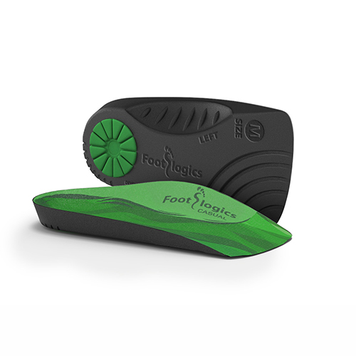 A pair of green and black Footlogics Casual orthotic shoe insoles, with one showing the top view and the other showing the underside and side profile.