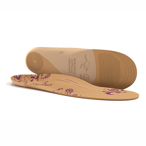 A pair of tan orthotic insoles with purple floral designs, featuring textured soles and the label "LEFT" on one insole.