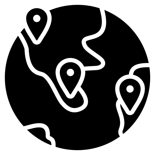 Black and white icon of a globe with three location pins marking different spots on the continents.