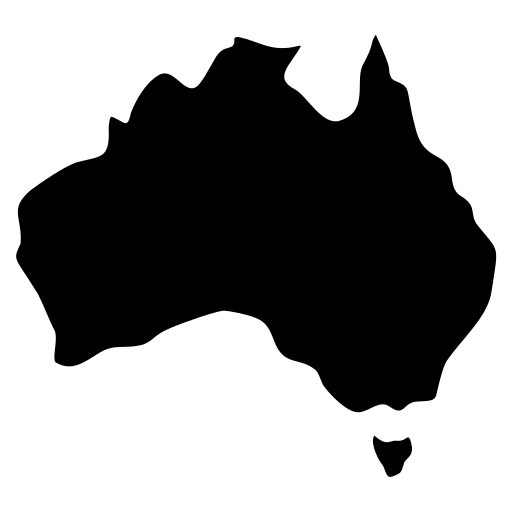 A black silhouette of the map of Australia on a white background.