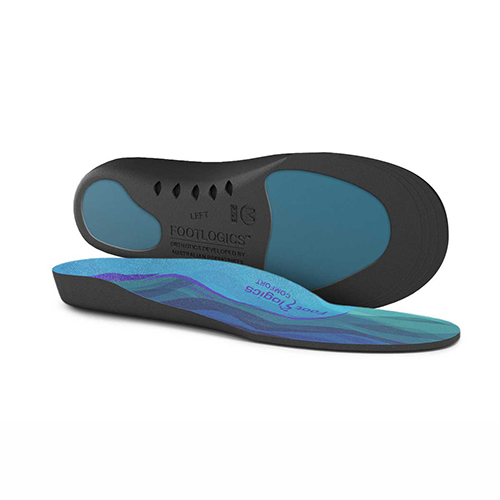 Pair of orthotic shoe insoles with a blue and black design, showing both the top and bottom views.
