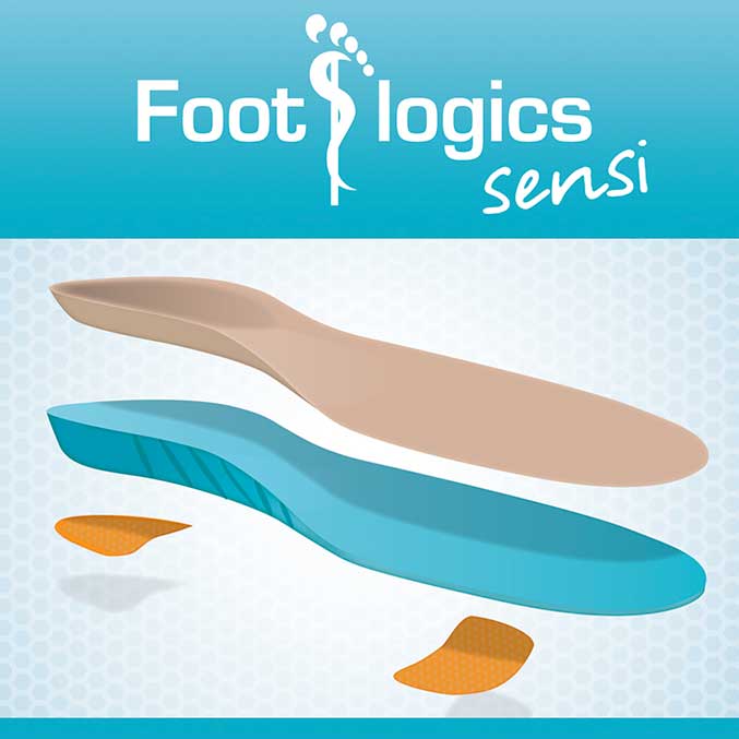 Illustration of a Footlogics Sensi insole showing its layered design, with branding and logo at the top against a blue background.