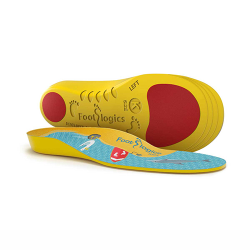 A pair of yellow orthotic insoles with red heel pads and blue tops, labeled "Footlogics," are displayed on a white background.