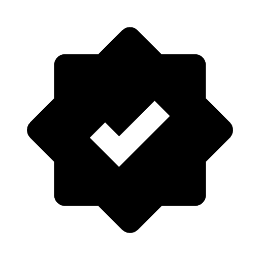 Black check mark inside an eight-pointed star shape on a white background, representing verification or approval.