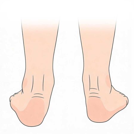 Illustration of two feet seen from behind, showing flat arches and inward-tilting ankles, a condition commonly known as flat feet or fallen arches.