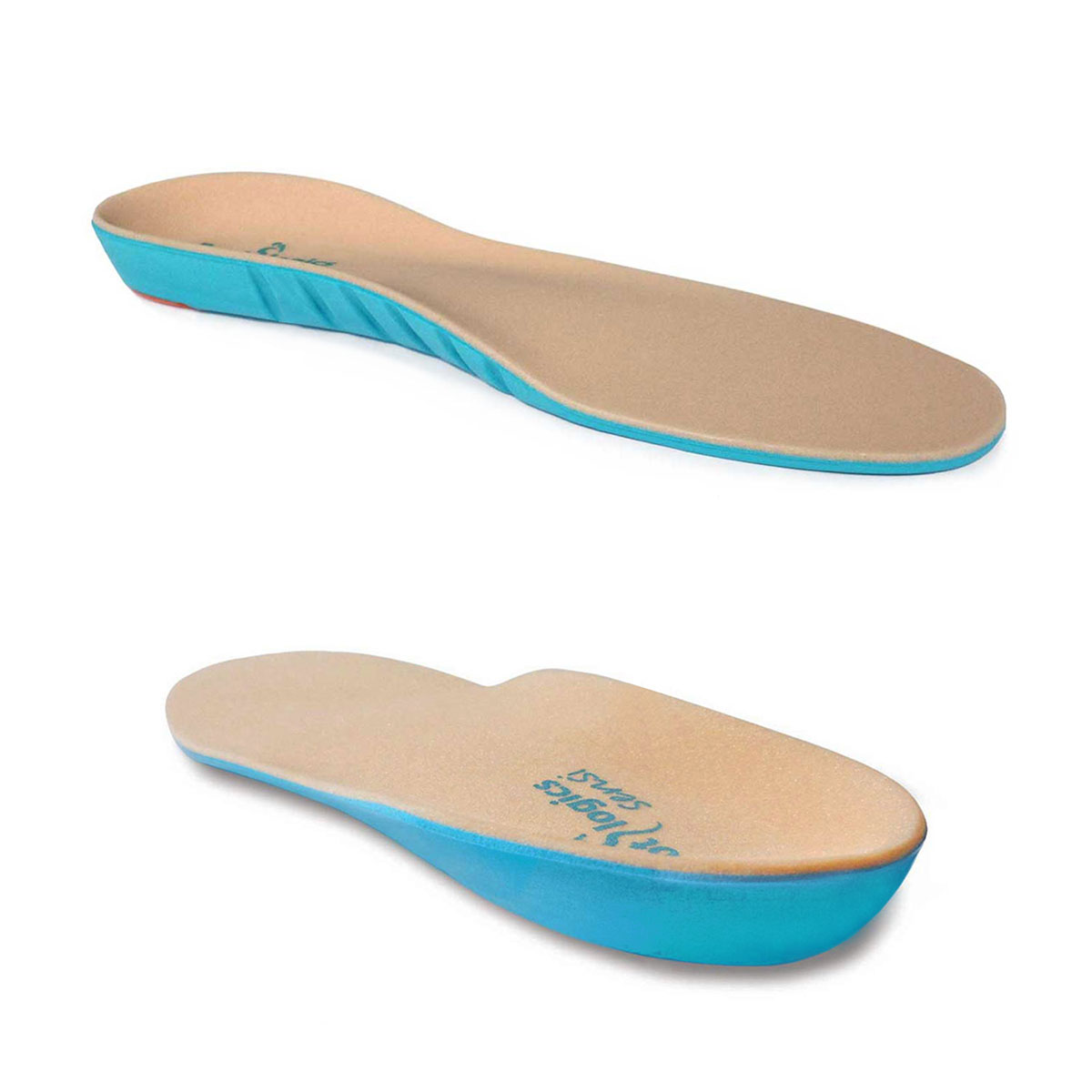 Two beige and blue orthotic shoe insoles shown from different angles on a white background.