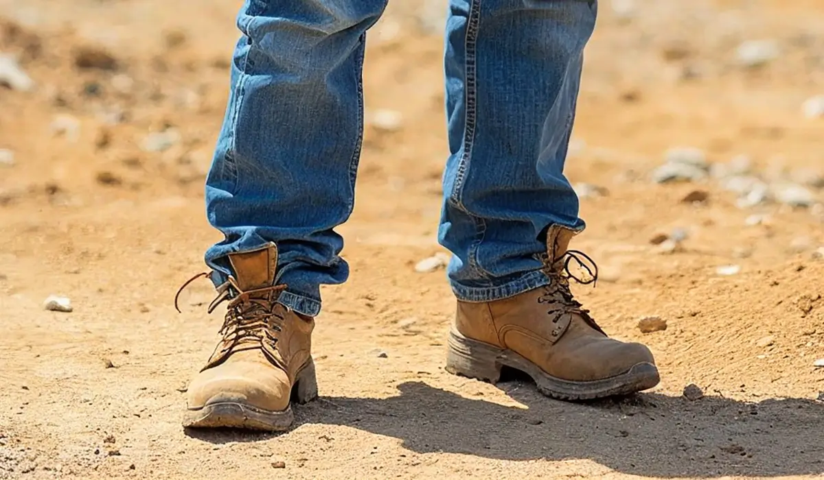 Person wearing blue jeans and tan work boots standing on sandy ground.