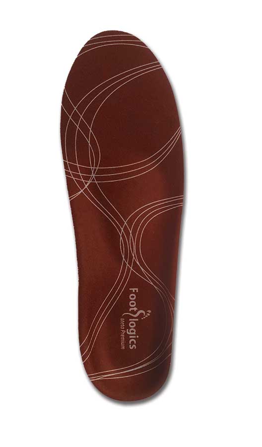 A brown orthopedic insole with curved white lines and the Footlogics logo printed near the heel.