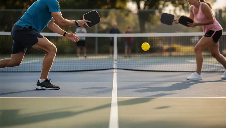 Two people play pickleball on an outdoor court, both poised to return a yellow ball with their paddles.