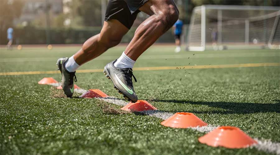 A person running and weaving between orange training cones on an outdoor sports field.