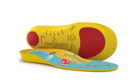 Yellow and red Footlogics kids' orthotic insoles.